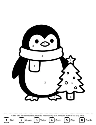Black and white line drawing of a penguin wearing a scarf, standing next to a small decorated evergreen tree with a star on top.