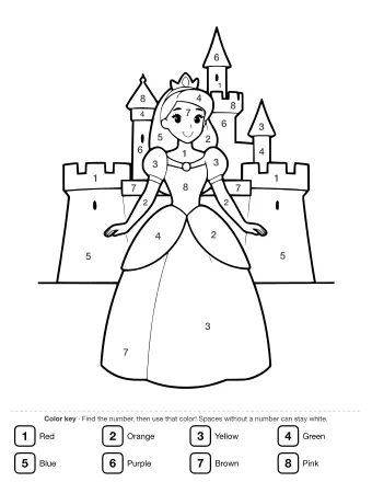 Line drawing of a smiling princess in a long gown and tiara standing in front of a castle with three pointed towers and crenellated walls.
