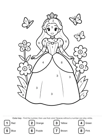 Line drawing of a smiling princess wearing a tiara and long gown, standing among tall flowers with three butterflies fluttering nearby.