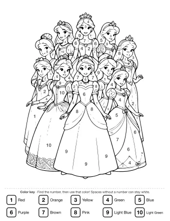 Black and white line art of ten princesses in formal gowns and tiaras, arranged in a group with varied hairstyles and dress details.