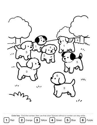 Black-and-white line drawing of six puppies of different sizes and patterns playing in a grassy park with two trees in the background.
