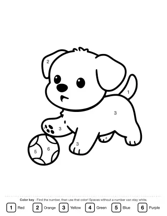 Black and white line drawing of a puppy in a dynamic pose, looking down at a ball on the ground.