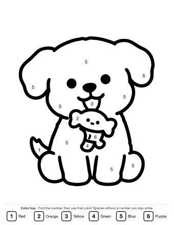Black-and-white line drawing of a smiling puppy with floppy ears, holding a small toy in its mouth, sitting on all fours.