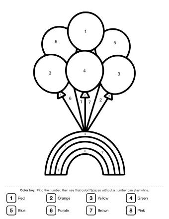 Black and white line drawing of five round balloons tied together with strings that connect to a large, multi-arched rainbow ribbon at the bottom.
