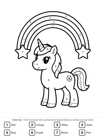 Line drawing of a smiling unicorn with a spiral horn and flowing mane standing beneath a large rainbow with a star at each end.