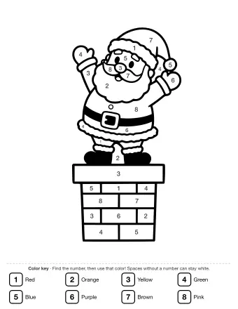 Black-and-white line drawing of Santa Claus in his suit and hat, holding a sack and stepping down from a brick chimney.
