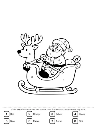 Black-and-white line drawing of Santa Claus sitting in a sleigh holding the reins, with a reindeer pulling the sleigh from the front.
