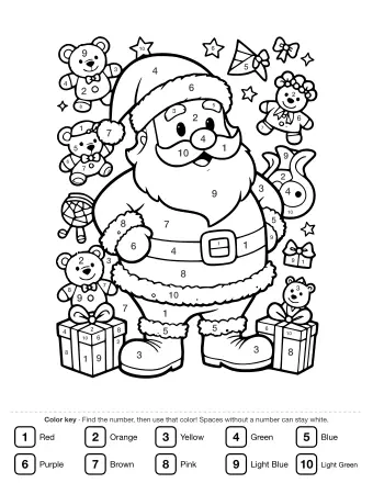 Black and white line drawing of Santa Claus standing in a workshop, surrounded by teddy bears, a gingerbread man, a rocking horse, wrapped gifts, and stars.
