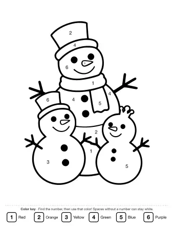 Black-and-white line drawing of three snowmen of different sizes holding hands, each with a carrot nose, coal eyes, and stick arms, set against a plain white background.