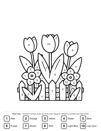 Black-and-white line drawing of a spring garden scene showing three tulips, two daffodils, and a small picket fence.
