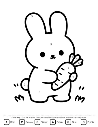 Black and white line drawing of a cute cartoon bunny with long ears holding a carrot, sitting in a grassy field with small tufts of grass around its feet.