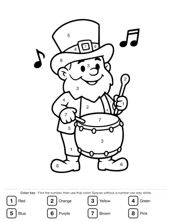 A smiling leprechaun in a tall hat and buckled boots holds drumsticks and plays a large drum, with musical notes floating in the air on either side.