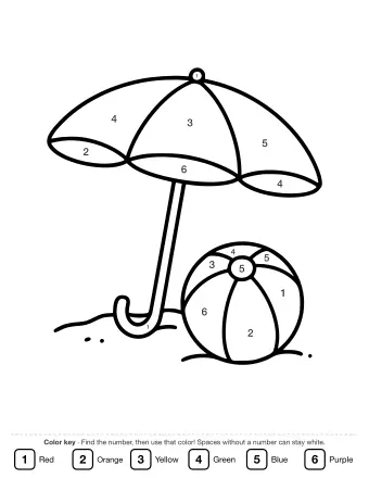 Black and white line drawing of a large beach umbrella planted in the sand next to a round beach ball with a small valve on top.