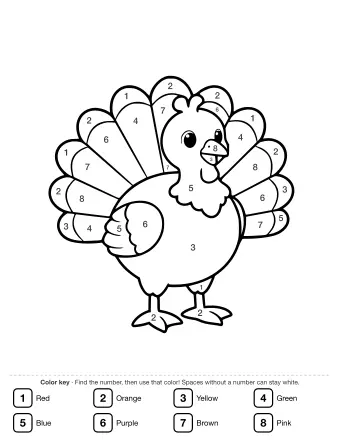 Line drawing of a large turkey with a full fan of tail feathers standing next to a small baby turkey, or poult, with simple outlines and no background.