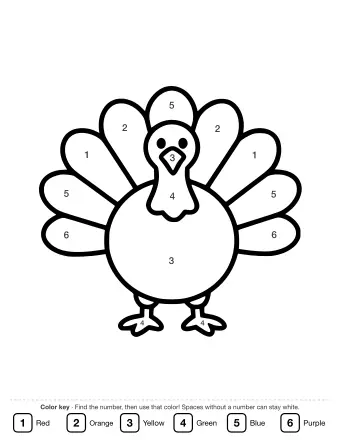 A simple black-and-white line drawing of a turkey with a large round body, a fan of tail feathers, two small feet, and a beak, ready to be coloured.