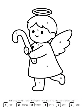 Line drawing of a smiling angel with a halo and two wings, holding a candy cane in one hand and wearing a long dress.