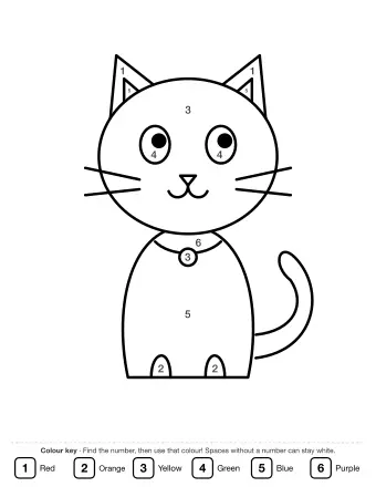 Line drawing of a cute sitting cat with large round eyes, long whiskers, a collar with a small bell, and a curly tail, shown in black outline on a white background.