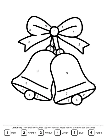 Line drawing of two jingle bells hanging from a large ribbon bow, with a small sprig of holly leaves and berries tucked under the knot.