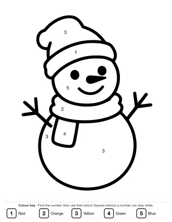 Black and white line drawing of a two-section snowman wearing a Santa-style hat and a scarf, with stick arms and a smiling face.