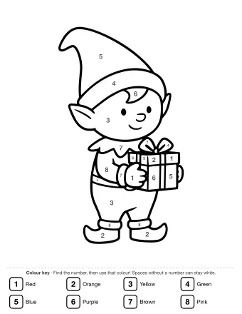 Line drawing of a smiling elf in a tall pointed hat and a tunic, holding a small wrapped present against its chest.