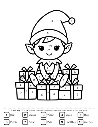Line drawing of a smiling elf with large eyes and a small pointed hat sitting on a stack of four wrapped Christmas presents.