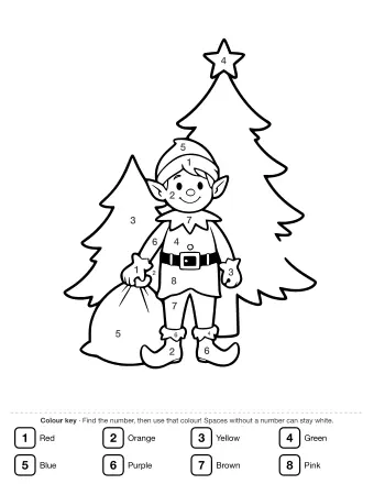 A smiling elf in a pointed hat and tunic stands in front of a large Christmas tree topped with a star, holding a sack of toys in one hand and a small gift in the other.