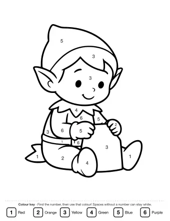 Line drawing of a smiling elf in a pointed hat and tunic sitting on the floor, holding a small toy in one hand and a tool in the other.