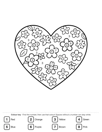 Line drawing of a large heart shape filled with small five-petal flowers and scattered leaves.