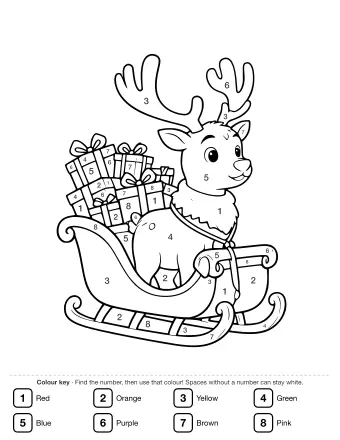 Black and white line drawing of a reindeer with large antlers pulling a sleigh filled with wrapped gifts and bows, viewed from the side.