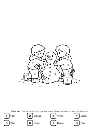 Two children in winter coats kneel on either side of a snowman in a snowy yard, one holding a shovel and the other holding a bucket.