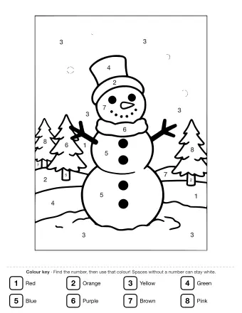 Line drawing of a three-section snowman wearing a top hat and scarf, standing in a snowy landscape with pine trees and falling snowflakes.