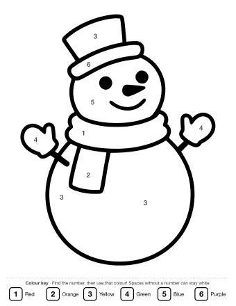 Line drawing of a smiling snowman wearing a tall hat, a knitted scarf and mittens, with two round body sections.