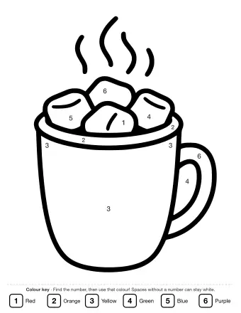 Line drawing of a tall mug filled with hot cocoa, topped with three marshmallows and wavy steam rising from the top.