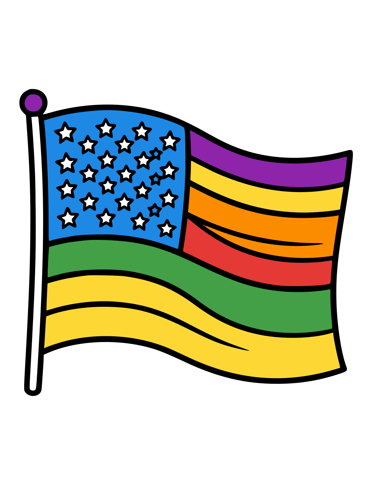 Black and white line drawing of a waving American flag with a circle of stars in the upper left corner and wavy stripes, mounted on a flagpole.