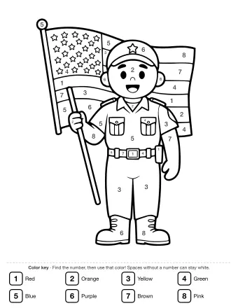 Line drawing of a smiling soldier in a dress uniform with a star cap, belt, and boots, holding a flagpole with a waving American flag that has stars and stripes.