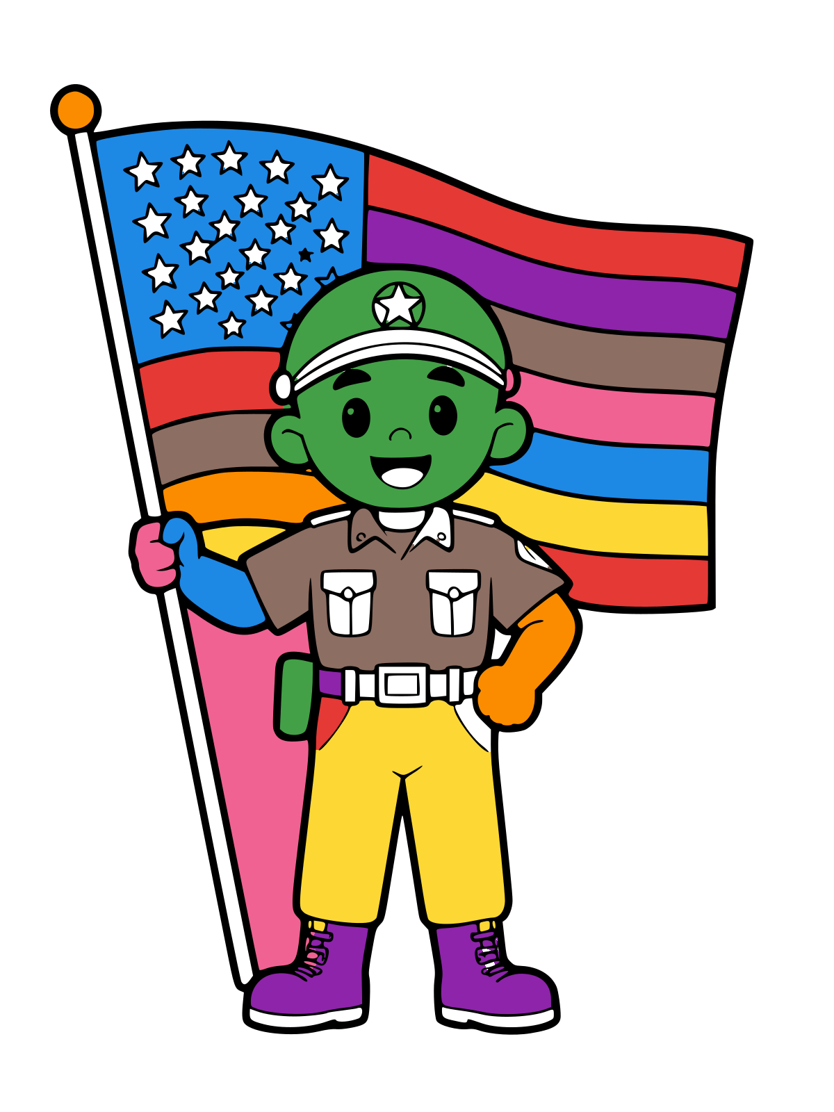Black-and-white line drawing of a smiling cartoon service member in a dress uniform with a cap, holding a flagpole with a waving American flag; blank space below for a handwritten note