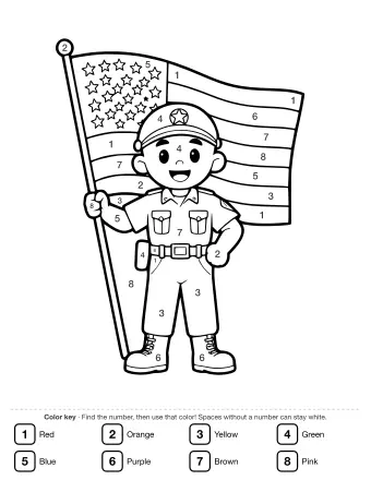 Black-and-white line drawing of a smiling cartoon service member in a dress uniform with a cap, holding a flagpole with a waving American flag; blank space below for a handwritten note