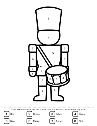 Black and white line drawing of a toy soldier standing straight, wearing a tall hat and holding a drum with a strap across the chest.