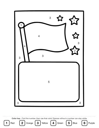 Black-and-white line drawing of a folded greeting card with a waving flag on the top panel and four stars in the upper right corner; the bottom panel is blank for writing.