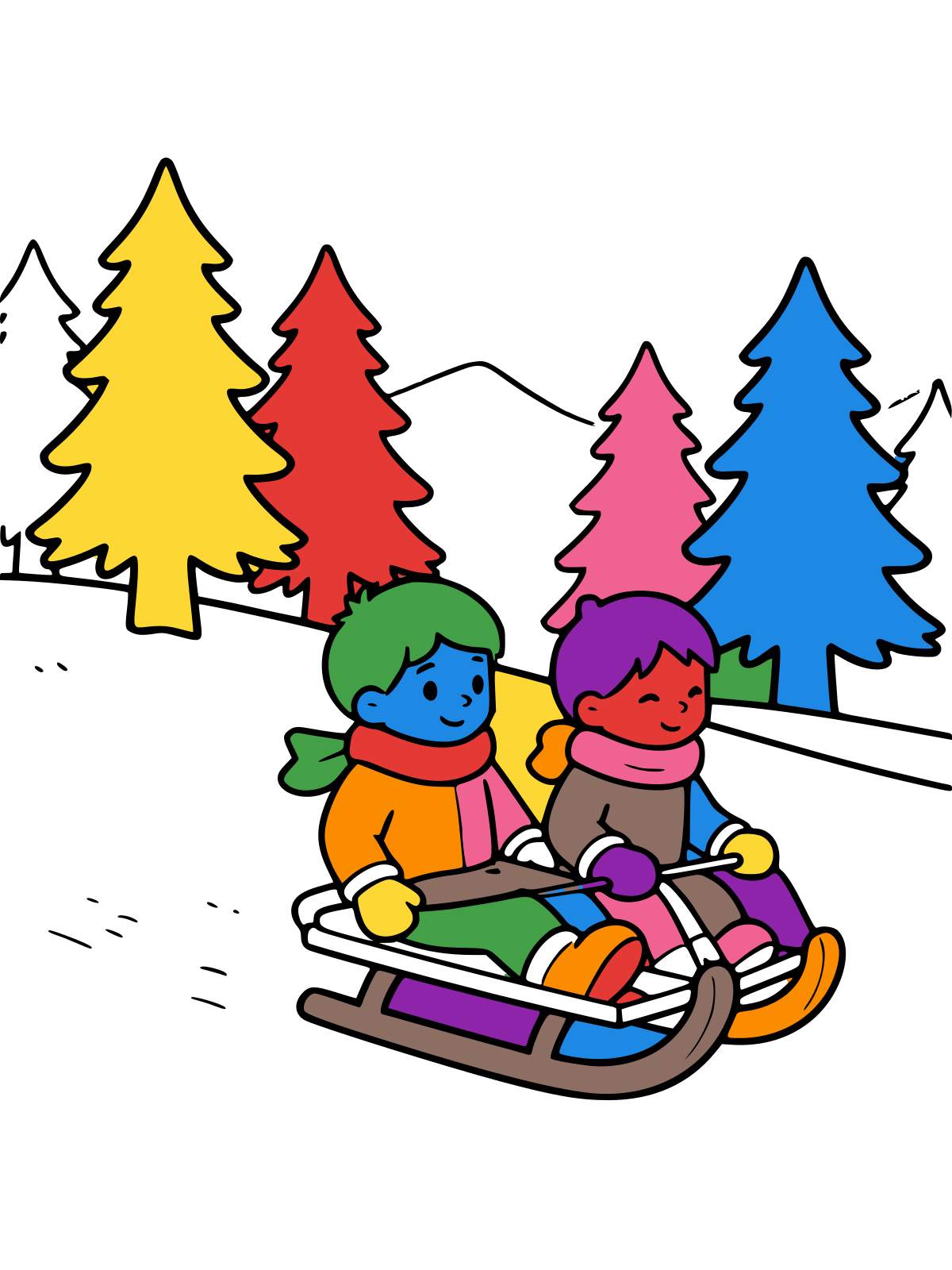 Line drawing of two children in scarves and hats riding a sled down a snowy hill, with pine trees and a mountain in the background.