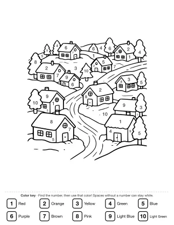 Black and white line drawing of a snowy village with several houses on rolling hills, evergreen and round trees, and winding roads.