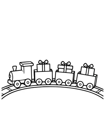Uma máquina a vapor de brinquedo puxando quatro carros cheios de presentes de Natal embrulhados em uma pista.