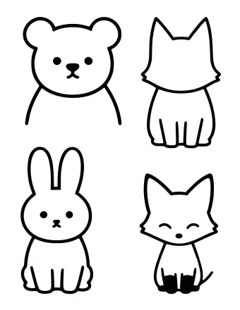 Black-and-white line drawing of four cartoon animals: a bear head, a fox head, a rabbit head, and a sleeping fox head, arranged in a two-by-two grid.