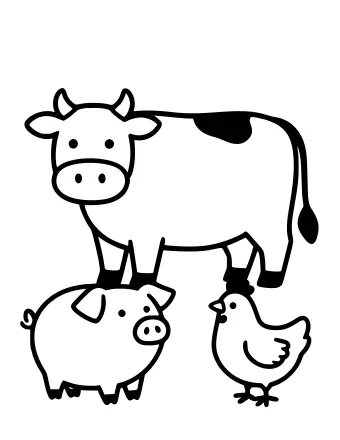 Black-and-white line drawing of a spotted cow, a curly-tailed pig, and a small chicken standing together on a farmyard.