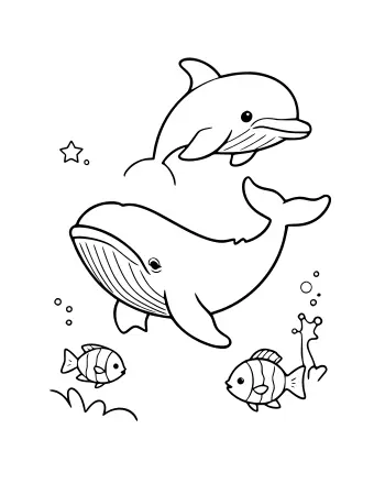 Black and white line drawing of a large whale and a leaping dolphin in the ocean, with two striped fish, bubbles, seaweed, and a starfish.
