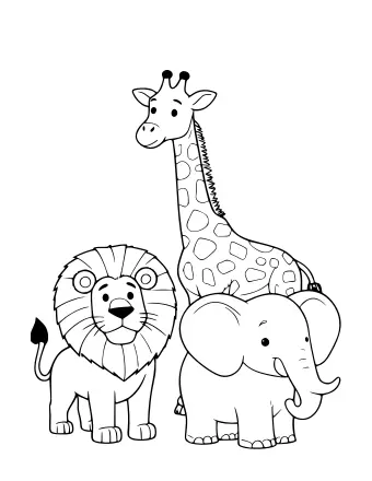 Black and white line drawing of a lion with a full mane, a tall giraffe with spots, and an elephant with large ears and a curled trunk standing together.