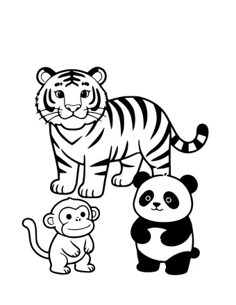 Black-and-white line drawing of a standing tiger, a small monkey, and a panda bear in a zoo enclosure