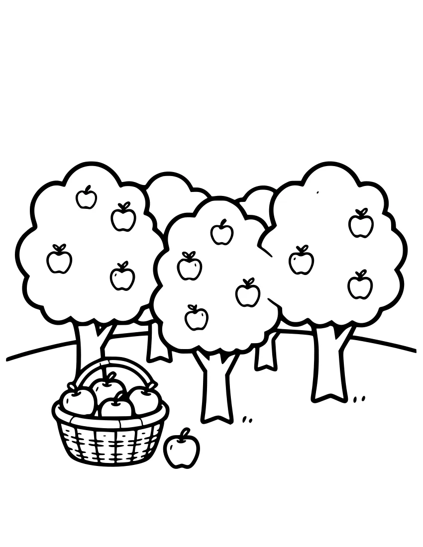 Black-and-white line drawing of three apple trees in a row with apples on the branches, a woven basket of apples in the foreground, and one apple on the ground.