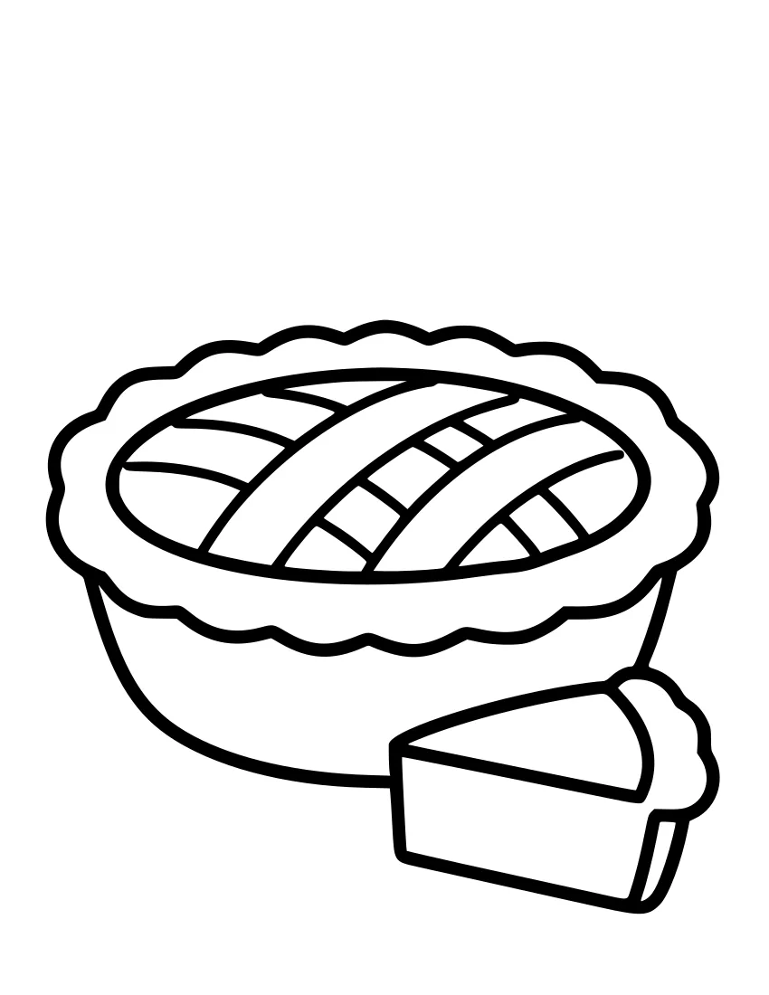 Line drawing of a round apple pie with a lattice crust in a dish and a single slice on a plate beside it