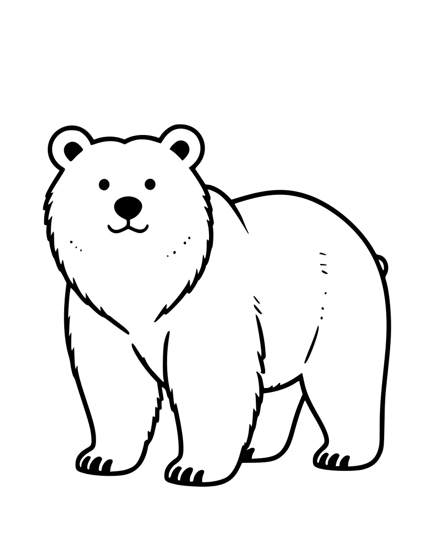 Line drawing of a grizzly bear standing on all fours, facing left, with a rounded shoulder hump, shaggy fur, small round ears, and visible claws on its paws.